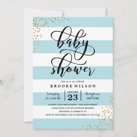 Blue Stripe Glitzer Dots Baby Dusche Einladung (Vorderseite)