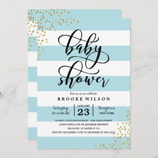 Blue Stripe Glitzer Dots Baby Dusche Einladung (Vorne/Hinten)