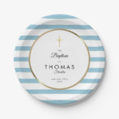 Blue Stripe Gold Cross Taufe Christening Pappteller (Vorderseite)