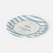 Blue Stripe Gold Cross Taufe Christening Pappteller (Schrägansicht)