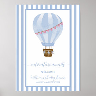 Blue Stripe Hot Air Ballon Babydusche Willkommen Poster