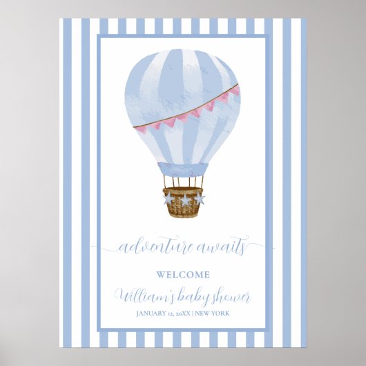 Blue Stripe Hot Air Ballon Babydusche Willkommen Poster (Vorne)