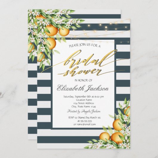 Blue Stripe Lemon Citrus Brautparty Einladung (Vorne/Hinten)