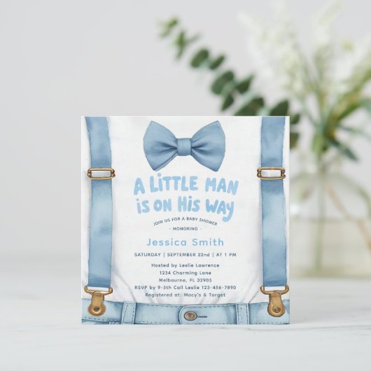 Blue Stripe Little Man Baby Dusche Einladung (Stehend Vorderseite)
