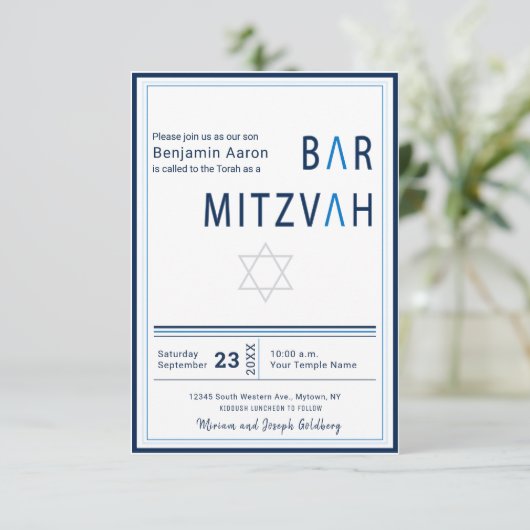 Blue Stripe Moderne Bar Mitzvah Einladung (Stehend Vorderseite)