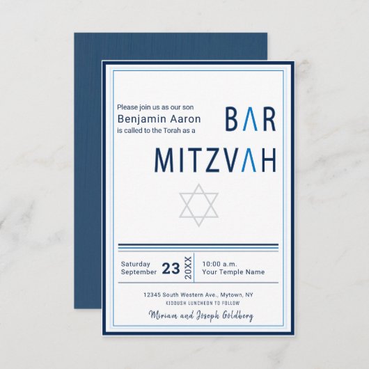 Blue Stripe Moderne Bar Mitzvah Einladung (Vorne/Hinten)