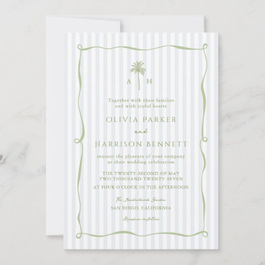 Blue Stripe Palm Tree Tropical Wedding Invitation Einladung (Vorderseite)