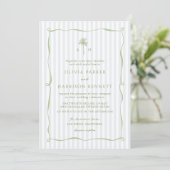 Blue Stripe Palm Tree Tropical Wedding Invitation Einladung (Stehend Vorderseite)