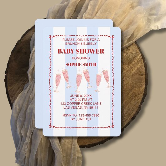 Blue Stripe Red Border Brunch & Bubbly Babydusche Einladung