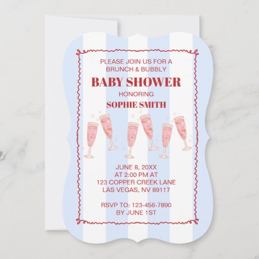 Blue Stripe Red Border Brunch & Bubbly Babydusche Einladung (Vorderseite)