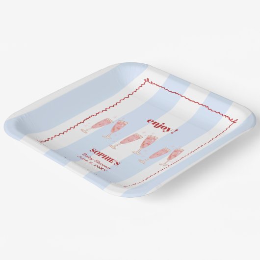 Blue Stripe Red Border Brunch & Bubbly Babydusche Pappteller (Gewinkelt)