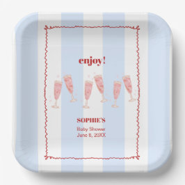 Blue Stripe Red Border Brunch & Bubbly Babydusche Pappteller