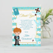 Blue Stripe Red Hair Boy Erste Heilige Kommune Dankeskarte (Stehend Vorderseite)