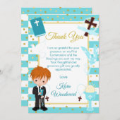 Blue Stripe Red Hair Boy Erste Heilige Kommune Dankeskarte (Vorne/Hinten)