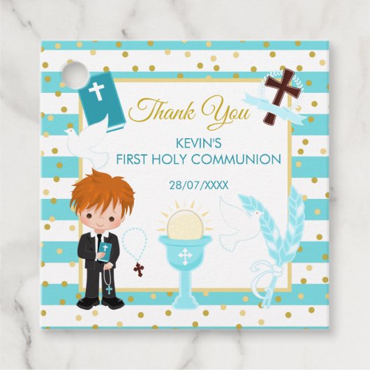 Blue Stripe Red Hair Boy Erste Heilige Kommune Geschenkanhänger (Vorderseite)