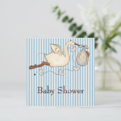 Blue Stripe Stork Baby Boy Dusche Einladung (Stehend Vorderseite)