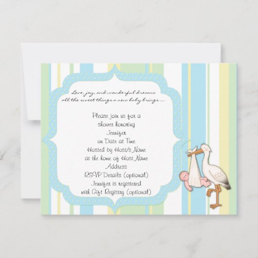 Blue Stripe Stork Babydusche Einladung (Vorderseite)