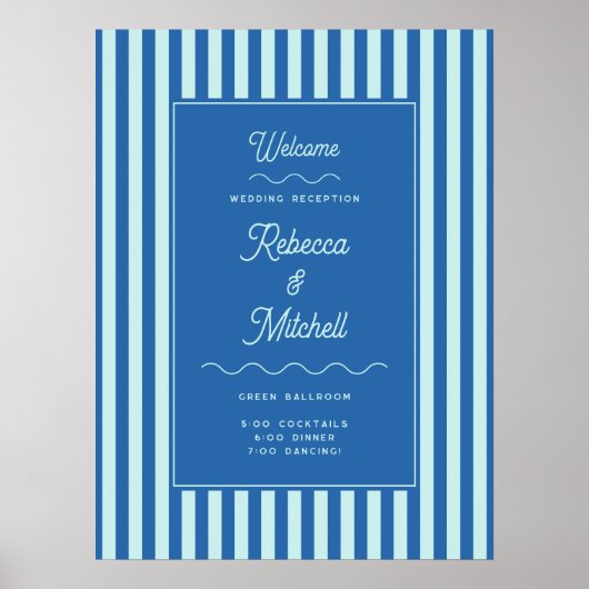 Blue Stripe Vintage Hochzeit Willkommen Poster (Vorne)