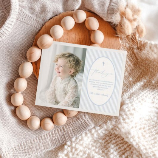 Blue Striped Baptism Flat Thank You Card Dankeskarte