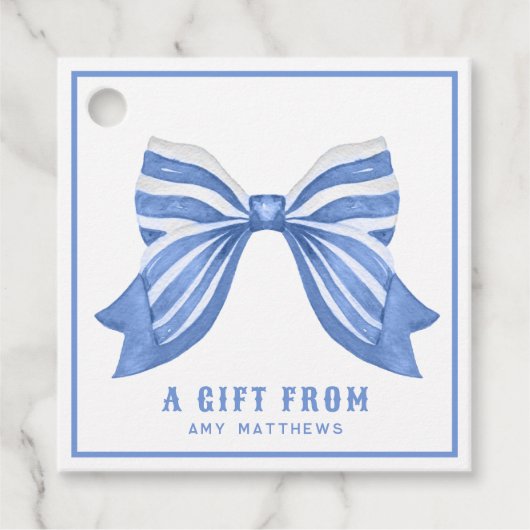 Blue Striped Bow Personalisiert Gefälligkeitstags Geschenkanhänger (Vorderseite)