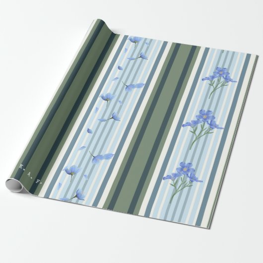 Blue Striped Floral Archive Personalized Wrapping  Geschenkpapier (Ungerollt)