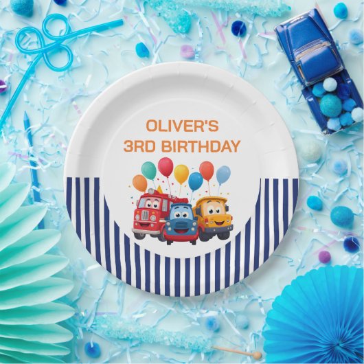 Blue Striped Truck Birthday Theme Pappteller (Party)