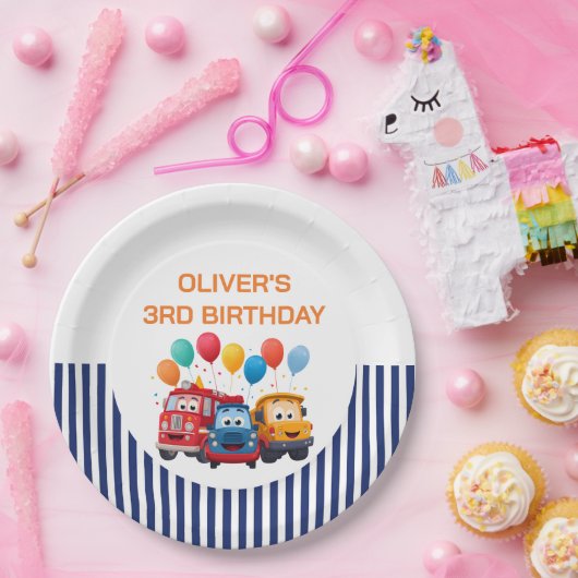 Blue Striped Truck Birthday Theme Pappteller (Party)