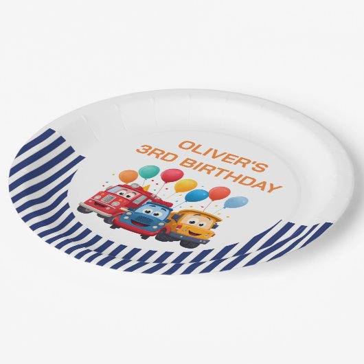 Blue Striped Truck Birthday Theme Pappteller (Schrägansicht)