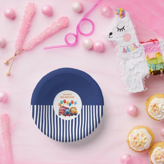 Blue Striped Truck Birthday Theme Pappteller (Party)