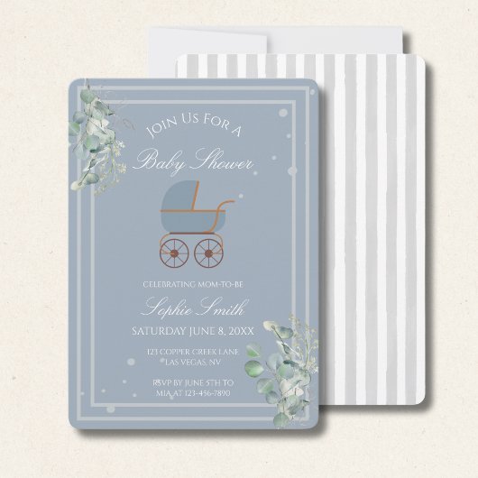 Blue Stripes Baby Carriage Eucalyptus Baby Shower Einladung