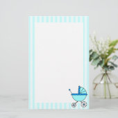 Blue Stripes Baby Carriage Stationery Briefpapier (Stehend Vorderseite)