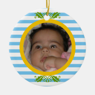 Blue stripes Baby's 1. Weihnachts-Foto Ornament