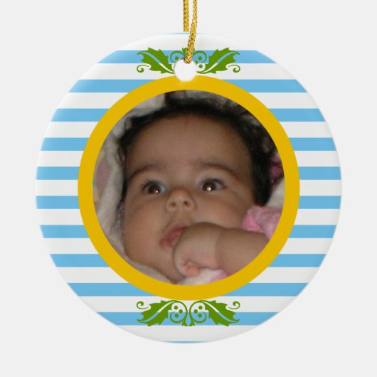 Blue stripes Baby's 1. Weihnachts-Foto Ornament (Vorne)