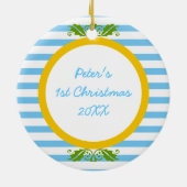 Blue stripes Baby's 1. Weihnachts-Foto Ornament (Hinten)