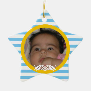 Blue stripes Baby's 1. Weihnachts-Foto Ornament