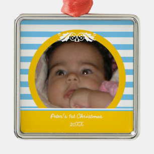 Blue stripes Baby's 1. Weihnachts-Foto Ornament Aus Metall