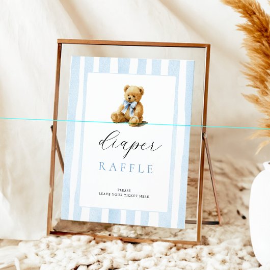 Blue Stripes Bear Baby Shower Diaper Raffle  Poster