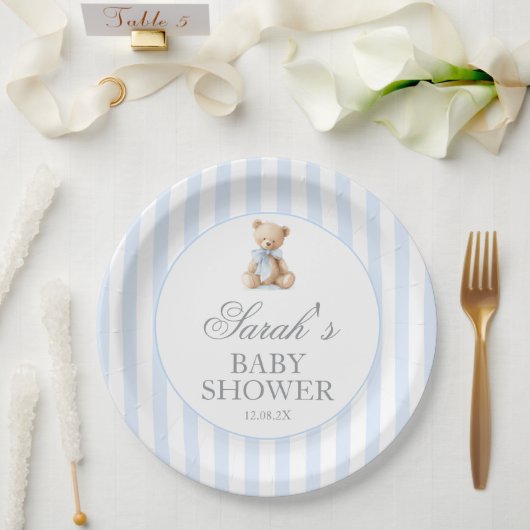 Blue Stripes Bear Baby Shower Pappteller (Hochzeit)