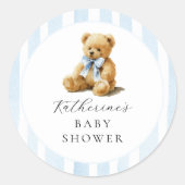 Blue Stripes Bear Baby Shower Runder Aufkleber (Vorderseite)