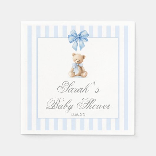 Blue Stripes Bear Baby Shower Serviette (Vorderseite)