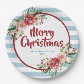 Blue Stripes Blume Watercolor Weihnachten Pappteller (Vorderseite)