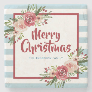 Blue Stripes Blume Watercolor Weihnachten Steinuntersetzer