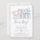 Blue Stripes Boy Elephant Peanut Baby Dusche Einladung (Vorderseite)