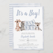 Blue Stripes Boy Safari Animals Baby Dusche Einladung (Vorne/Hinten)