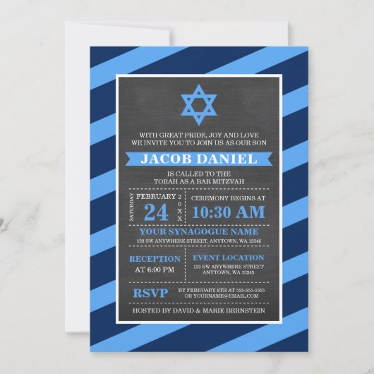 Blue Stripes Chalkboard Bar Mitzvah Einladungen (Vorderseite)