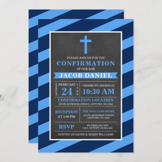 Blue Stripes Chalkboard Boy-Bestätigung Einladung (Vorne/Hinten)