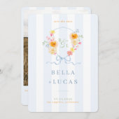 Blue Stripes Floral Crest Monogram Spring Wedding Save The Date (Vorne/Hinten)