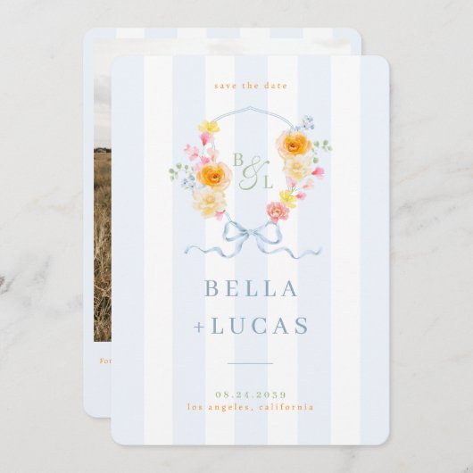 Blue Stripes Floral Crest Monogram Spring Wedding Save The Date (Vorne/Hinten)