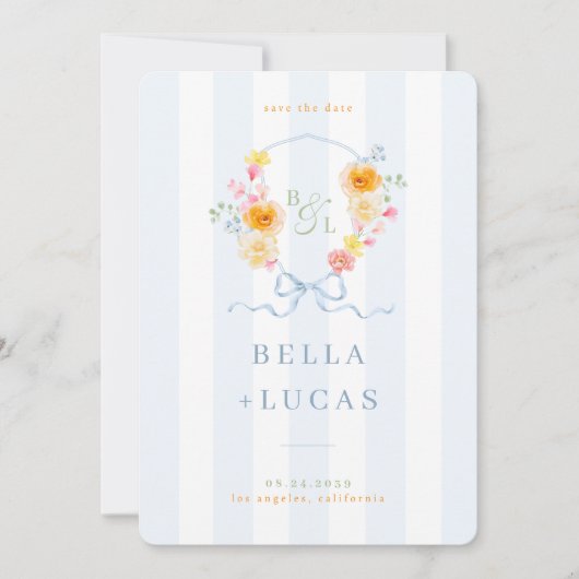 Blue Stripes Floral Crest Monogram Spring Wedding Save The Date (Vorderseite)