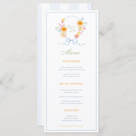 Blue Stripes & Floral Crest Spring Wedding Menu Menükarte